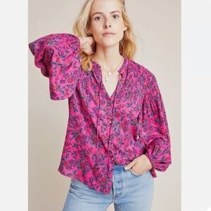 Anthropologie Calais Pink Fushia Floral Smocked Peasant Blouse Long Sleeve SZ S